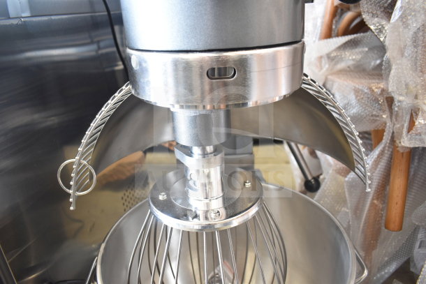 Avantco MX30H commercial 30 qt dough mixer with bowl, guard, and whisk attachment, 120V, new with scratches.