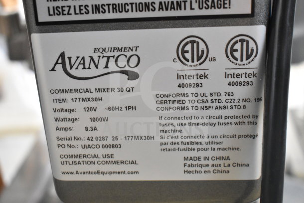 Avantco MX30H Commercial Mixer label showing model, voltage, wattage, and certification details.