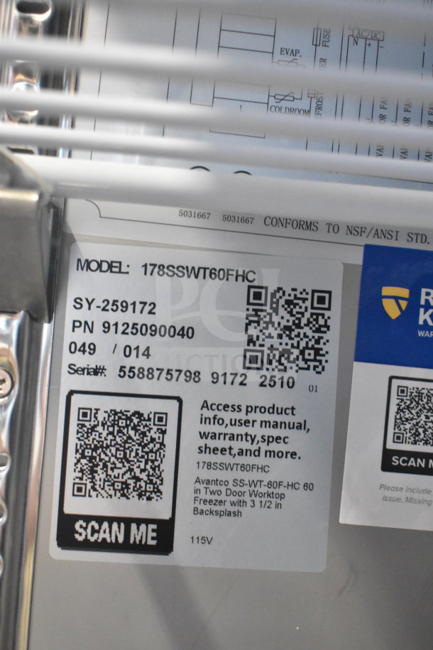Alt text:  
Label for Avantco 178SSWT60FHC Commercial 2-Door Work Top Freezer, 115V, with QR code for product details.