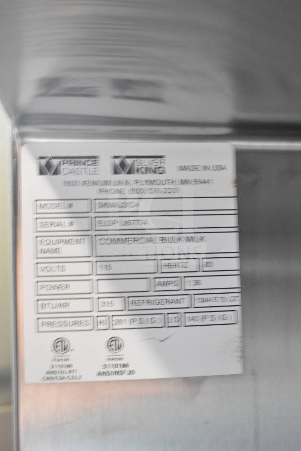 Silver King SKMAJ2/C4 commercial milk dispenser, 115V, 1 phase. Features ETL certification label and detailed specs.