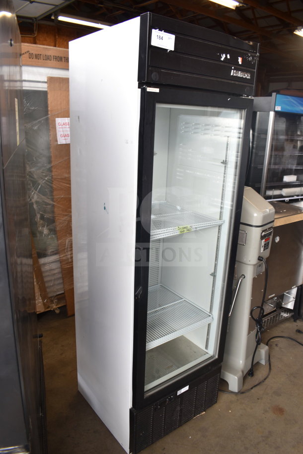 2019 Habco SE18 single door reach-in cooler, glass front, black and white exterior, commercial use, 115 volts, 1 phase.