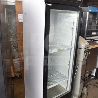 2019 Habco SE18 single door reach-in cooler, glass front, black and white exterior, commercial use, 115 volts, 1 phase.