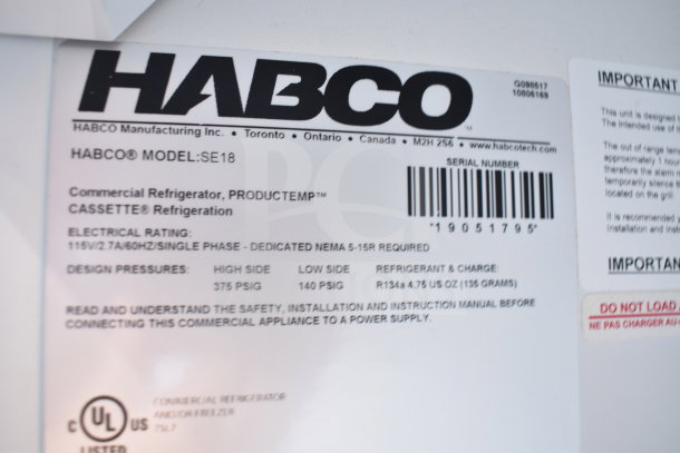 2019 Habco SE18 Commercial Cooler label showing model, 115V, 1 phase, product details, and safety instructions.
