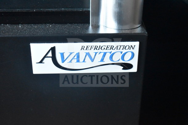Brand new Avantco 193VAC46B black refrigerated air curtain merchandiser, scratch and dent. Tag shows "Avantco Refrigeration".