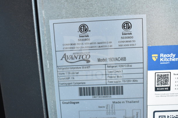 Avantco 193VAC46B refrigerated air curtain merchandiser label showing specs including 17.59 cu ft volume, 115V, and ETL mark.