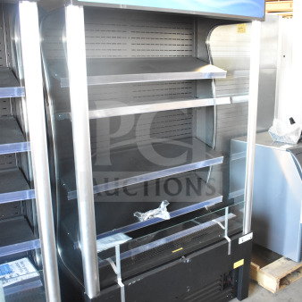 BRAND NEW Avantco 193VAC46B 45.5" black refrigerated air curtain merchandiser, 115V. Customizable shelves, minor dents.