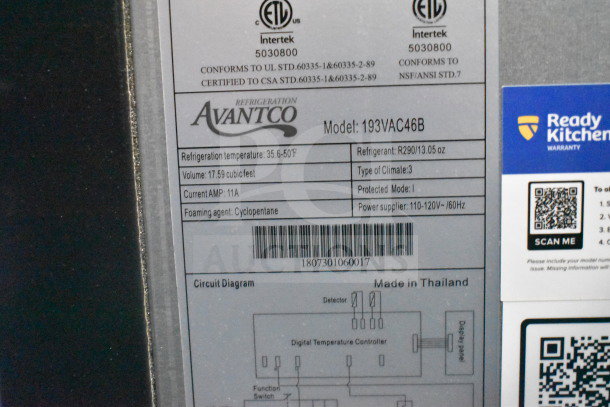 Avantco 193VAC46B air curtain merchandiser label showing model, 115V, 11A, R290 refrigerant, 17.59 cu ft, circuit diagram.