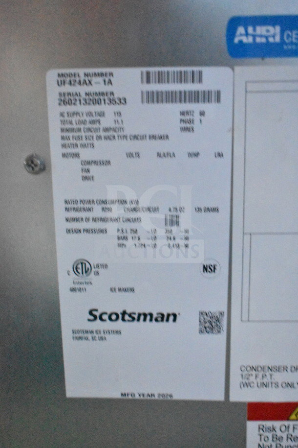 BRAND NEW Scotsman UF424AX-1A 24" air-cooled undercounter flake ice machine with 80 lb. bin and 440 lb. capacity, 115V, 1-phase.