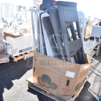 Lot of 18 items including Sensormatic AMS-113 Split Detectors in a large cardboard box, used condition, on a pallet outdoors.