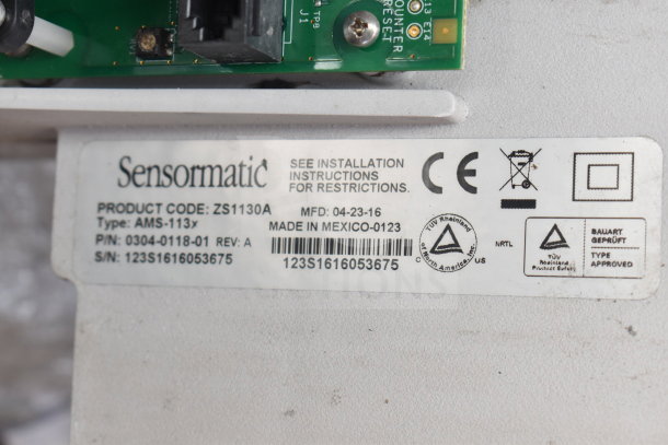 Sensormatic AMS-113x Split Detector, product code ZS1130A, manufactured 04-23-16, with labels and serial numbers.