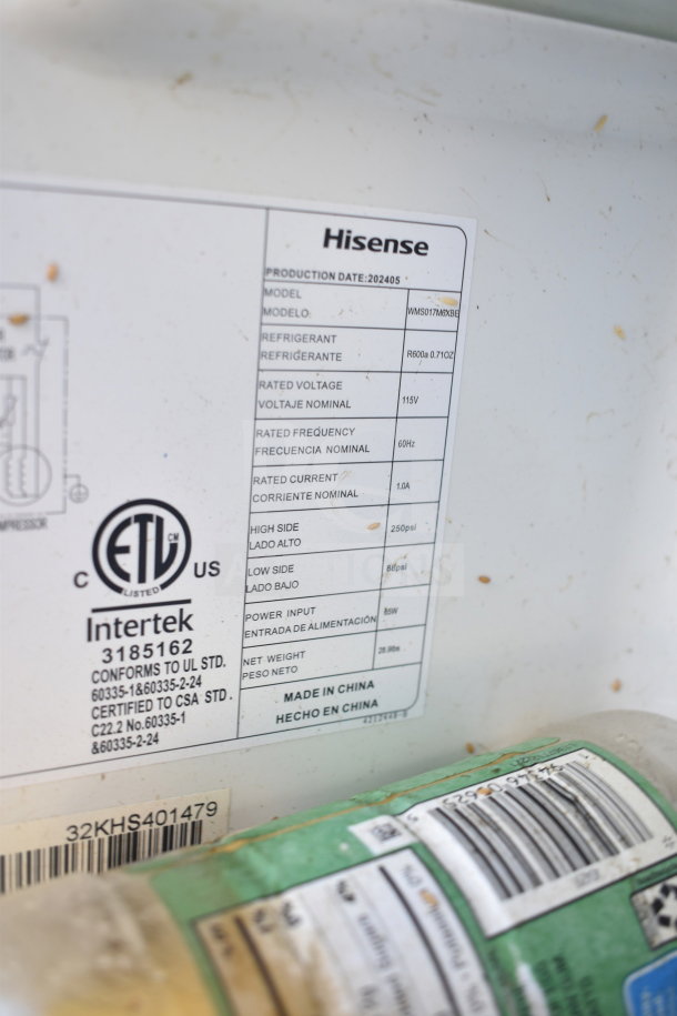 Four mini coolers including Black & Decker and Vissani, 120 volts, 1 phase. Hisense model WMS017MXBE tag shown.
