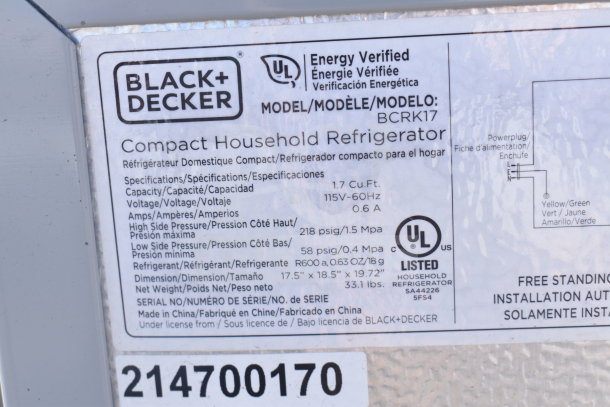 Label on a Black & Decker compact household refrigerator, Model BCRK17, 1.7 Cu. Ft, 115V-60Hz, 0.6A, dimensions 17.5"x18.5"x19.72".