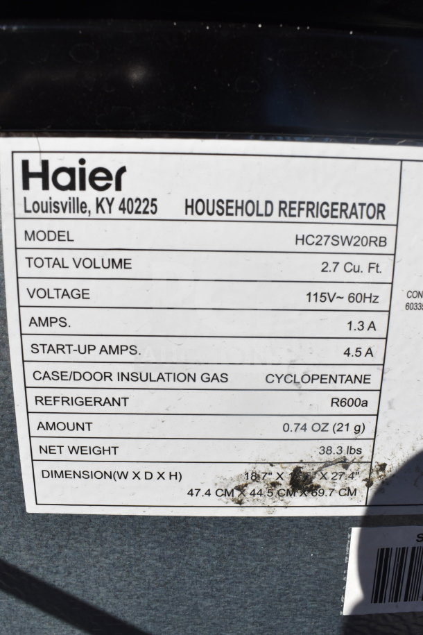 4 mini coolers including Black & Decker and Vissani, 120 volts, 1 phase, features Haier model HC27SW20RB label.