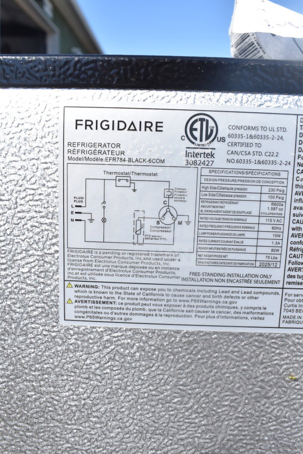 Label on a Frigidaire mini cooler model EFR784-BLACK-6COM, showing specifications including 115V, 60Hz, 75 lbs.