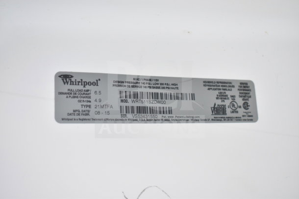 Whirlpool WRT511SZDW00 cooler label showing model, serial number VS53431550, 115V, and design pressure details.