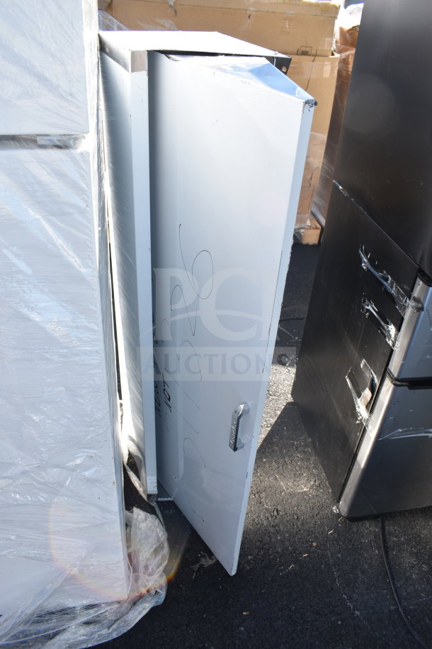 Two brand new Bain Marie lids, scratch and dent condition, white with metal handles, lot number and writing visible on surface.