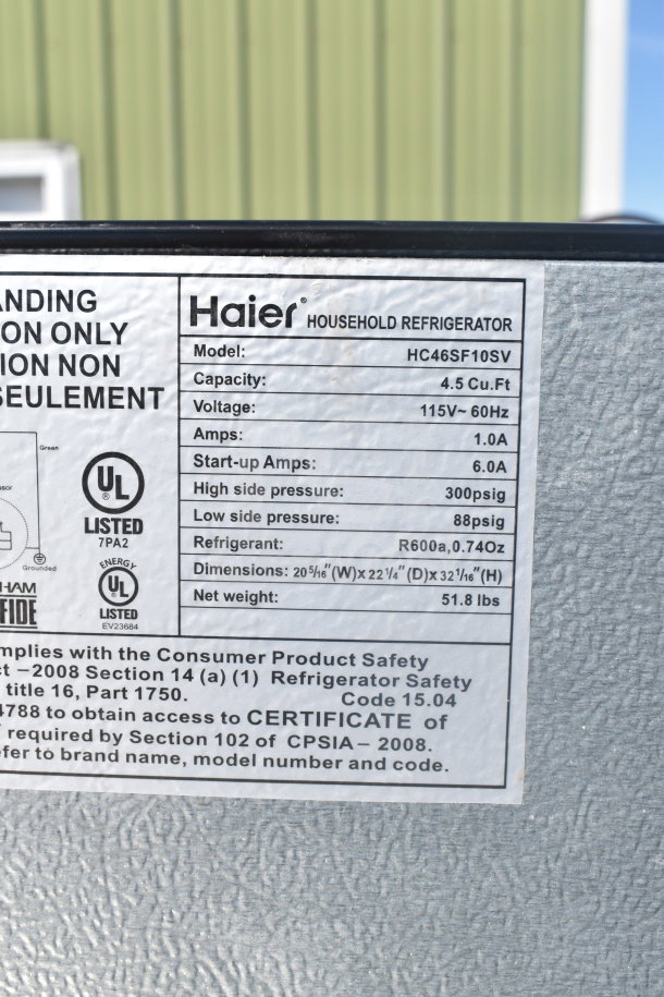 Two mini coolers, including Galanz. Features: 120 volts, 1 phase. Haier label details: model HC46SF10SV, 4.5 cu. ft., 115V, 60Hz.