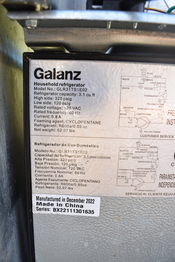 Galanz mini cooler, model GLR31TS1E02, 3.1 cu ft, 120V, 1-phase. Manufactured Dec 2022, series BX22111301635.