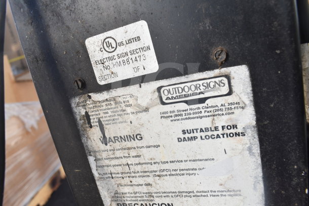 Outdoor Signs America electric sign, model HM881473, with UL listing label. Suitable for damp locations. Used condition.