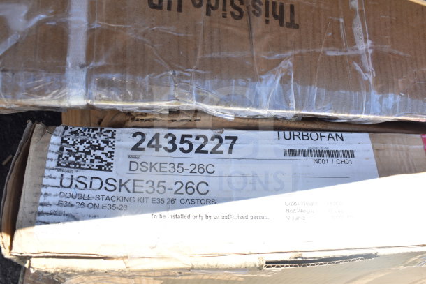 Box label showing Turbofan model DSK35-26C, marked 2435227, with a double stacking kit description.