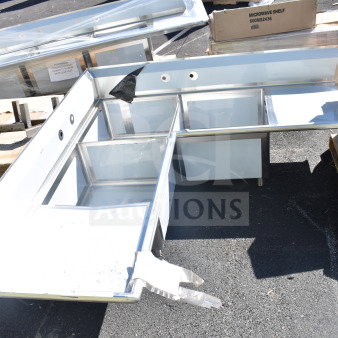 BRAND NEW SCRATCH AND DENT! Regency 600S3242424C commercial 3-bay L-shaped sink with dual drain boards, no legs.