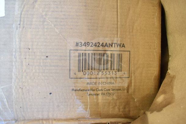 Cardboard box with barcode and label #3492424ANTWA, indicating Lancaster Table & Seating item, made in China.