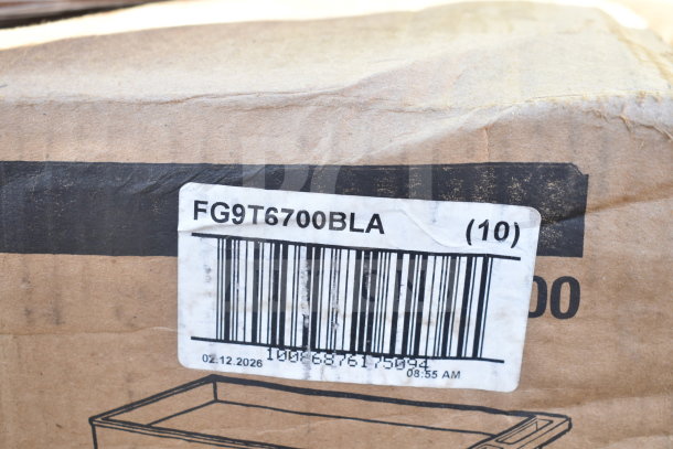 Label on box for FG9T6700BLA Medium Lipped Two Shelf Utility Cart, new condition, barcode visible.