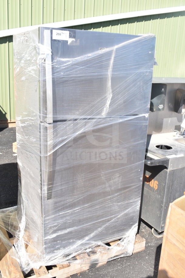 2024 Whirlpool 21MSTFATR6 reach-in cooler with freezer, wrapped for shipment, new condition, 115 volts, 1 phase.