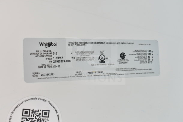 Label for 2024 Whirlpool 21MSTFATR6 cooler with freezer. Specs: 115V, 1 Phase. Serial: VSD3242791. Mfg. Date: 202408.