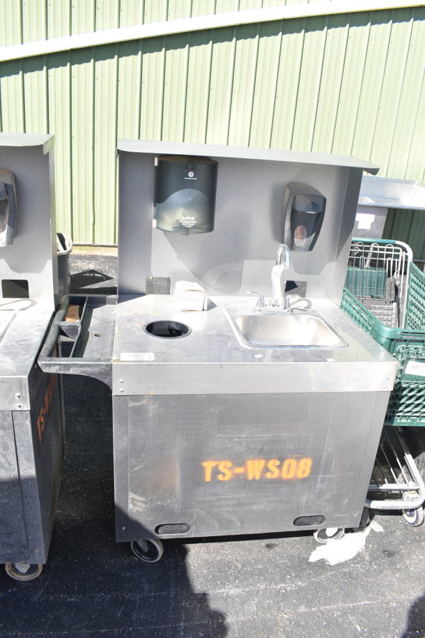 Commercial portable sink on casters with soap dispensers, stainless steel basin, labeled "TS-WS08," used condition.