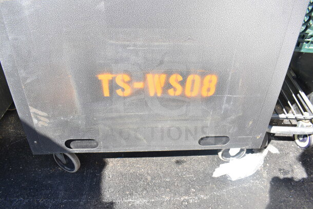 Commercial portable sink on casters, black finish, model TS-WS08 marked in orange. Durable, mobile unit.