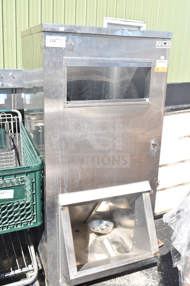 MGR Commercial Ice Machine Bin, stainless steel, visible wear, MGR logo, tags indicating auction and item codes.