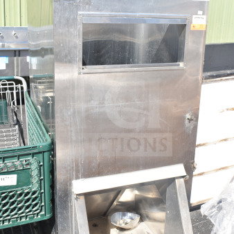 MGR Commercial Ice Machine Bin, stainless steel, visible wear, MGR logo, tags indicating auction and item codes.