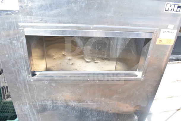 MGR Commercial Ice Machine Bin, stainless steel, visible wear and markings, untested condition, MGR label present.