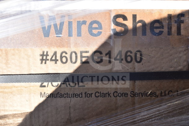 Cardboard box labeled "#460EG1460 Wire Shelf" for Clark Core Services, part of auction with Ballymore ladder, shelves.