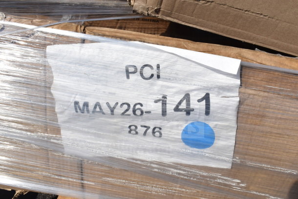 Pallet labeled "PCI MAY26-141" with wrapped boxes containing new scratch and dent items, including Ballymore ladder and Regency shelves.