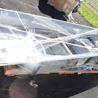 Brand new Regency 600S32424224 commercial 3 bay sink with dual drain boards, wrapped and labeled as scratch and dent.