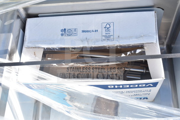 BRAND NEW Regency 600S32424224 Commercial 3 Bay Sink with dual drain boards, boxed parts visible. Scratch and dent condition.