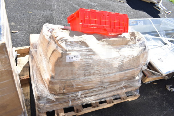 9 brand new scratch and dent items including shelves, floor mat, work table. Wrapped on pallet with label "215 Approx X9."