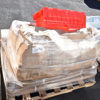 9 brand new scratch and dent items including shelves, floor mat, work table. Wrapped on pallet with label "215 Approx X9."