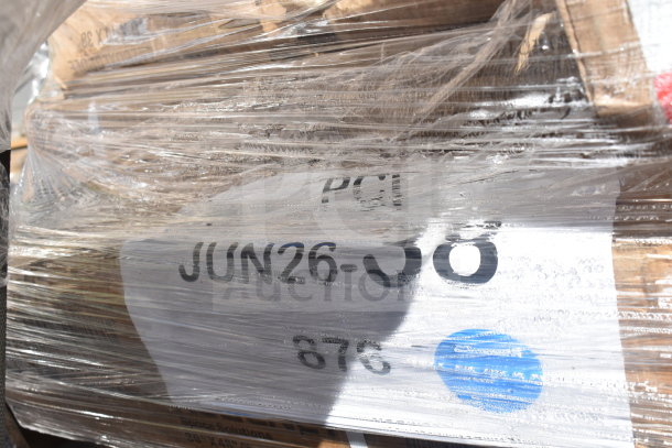 A pallet wrapped in plastic, labeled "JUN26-38." Contains 9 brand new, scratch and dent items, including shelves, floor mat, work table.