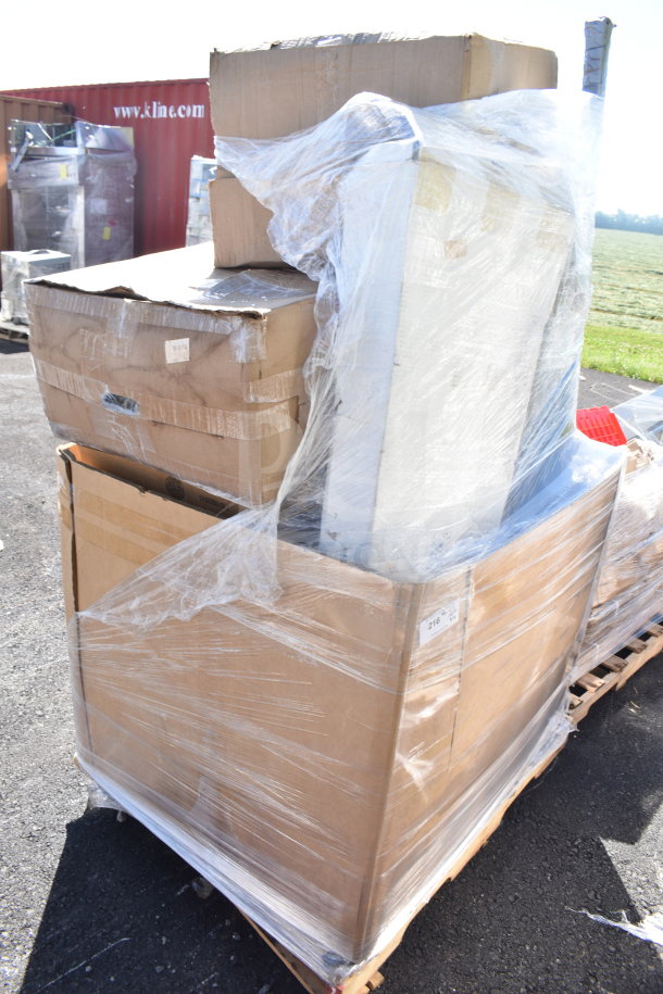 Pallet with 10 brand new scratch and dent items, including shelves. Boxes wrapped in plastic. Condition as described.
