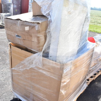 Pallet with 10 brand new scratch and dent items, including shelves. Boxes wrapped in plastic. Condition as described.