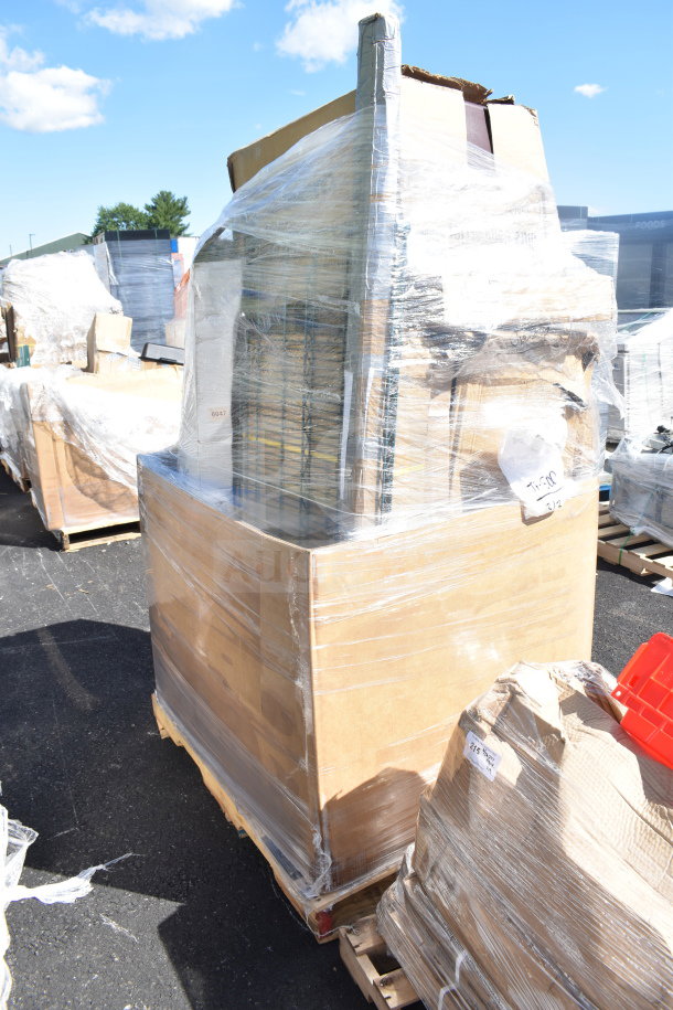 10 new scratch and dent items including shelves and wall shelf, wrapped on pallet. Visible labels indicate condition and lot details.