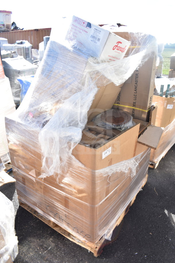 Pallet with 8 brand new scratch and dent items wrapped in plastic, including ticket holders and shelves. Boxes labeled "Fanale."