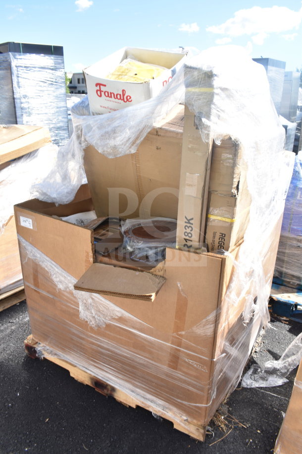 Box of 8 scratch and dent items, including ticket holders, shelves. Wrapped in plastic on pallet. Box labeled "Fanale."