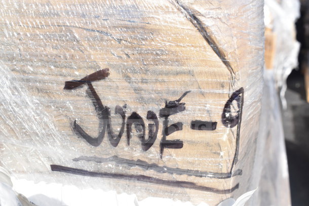 Plastic-wrapped pallet labeled "JUNE-9," containing brand new scratch and dent items such as ticket holders and shelves.