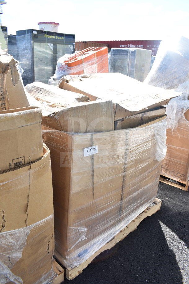 Pallet with 8 brand new scratch and dent items, includes a sink and evaporator coil. Wrapped in plastic, label "May-34" visible.