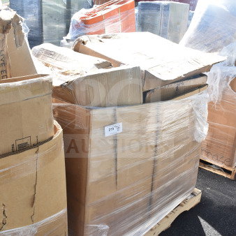Pallet with 8 brand new scratch and dent items, includes a sink and evaporator coil. Wrapped in plastic, label "May-34" visible.
