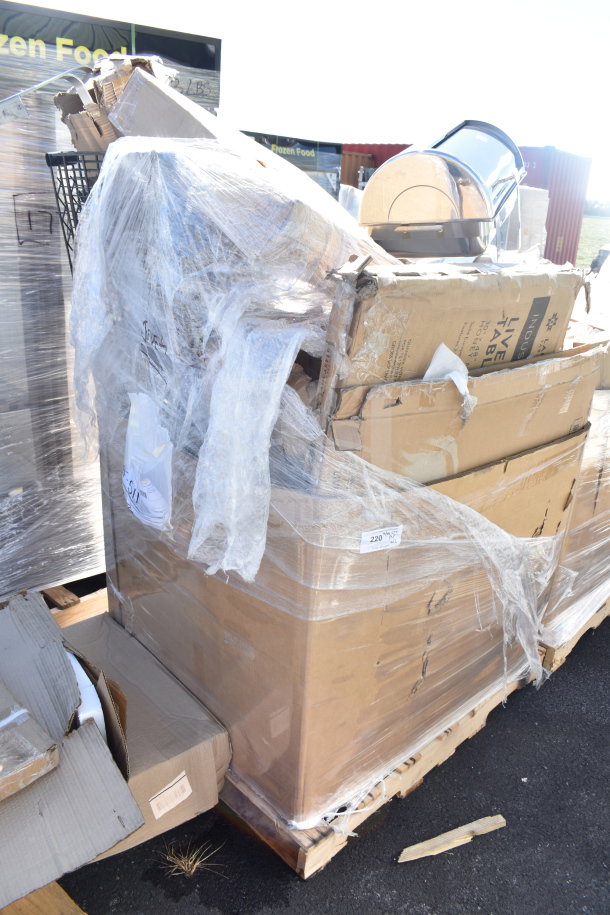 Shrink-wrapped pallet with 12 brand new scratch and dent items, including an umbrella canopy and wire shelf brackets in boxes.
